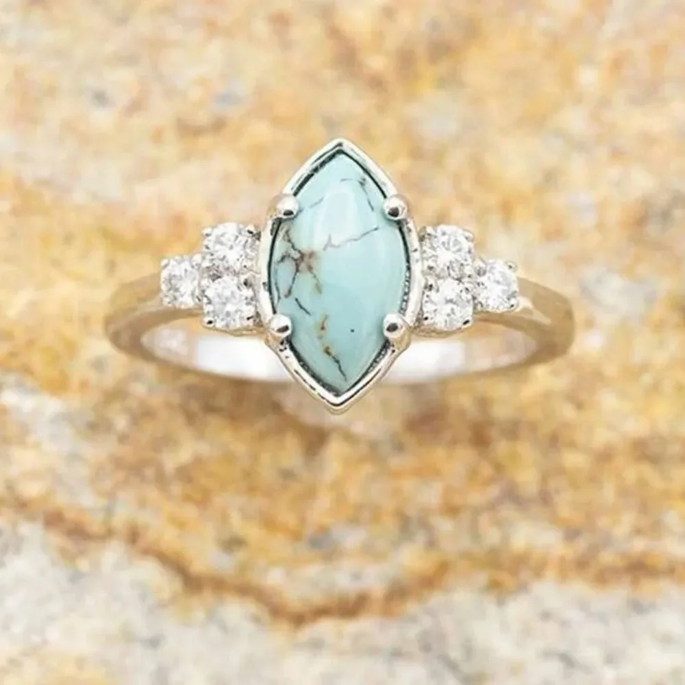 Western Bohemian Navajo Turquoise Wedding Engagement Ring Diamond Ring Set - Picture 4 of 12